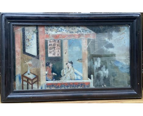 19th century Chinese School, reverse painted glass panel, Figures on a balcony, 24 x 45cm, original hardwood frame