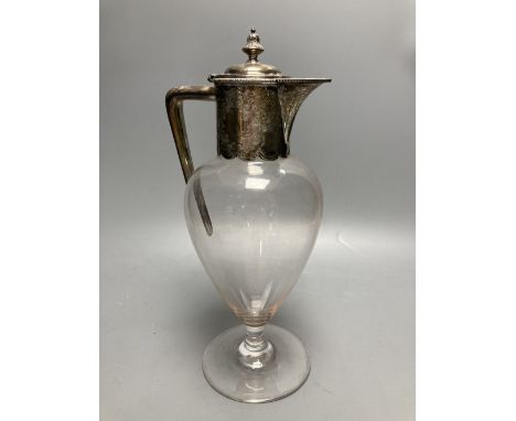 An Edwardian engraved silver mounted inverted pear shaped pedestal glass claret jug, Atkin Brothers, Sheffield, 1906?, 28.8cm