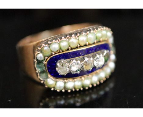 A Georgian gold, enamel, split pearl and gem set cluster ring, size N/O, gross 4.3 grams.CONDITION: Uncertain as to what the 