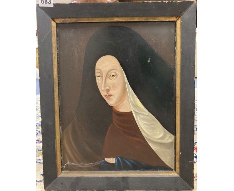 19th century Continental School, oil on wooden panel, Study of a crying nun, 35 x 27cm