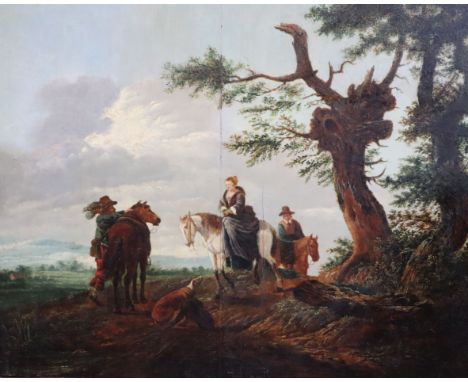 Follower of Philips Wouwerman (Dutch 1619-1668)oil on wooden panelGroup of equestrian figures in a landscape14 x 16in.CONDITI
