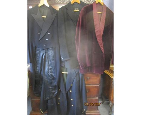 Gents and ladies clothing comprising a gents black mess jacket with gold coloured Coldstream Guards buttons, 40" Chest x 31" 
