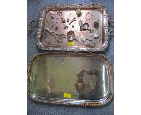 An ornate silver plated twin handled tray together with another tray, a silver 1917 Southwood Billiards shield shape fob, mix