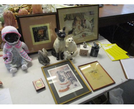 Animal related items to include two Beswick model cats, one Doulton, one Copenhagen, a signed David Shephard print, along wit