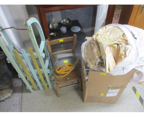 A mixed lot to include cushions, curtains, a painted sledge, a child's chair and a small bore hose 