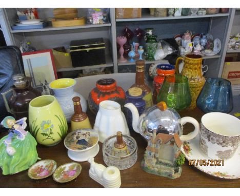 Mixed vintage household items to include German pottery vases, a paste pot with the inscription Charity, a Charlotte Rhead va