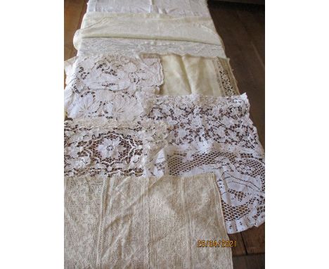 Lace - a 19th century Continental flax cream linen panel with hand-embroidered and crocheted border and bobbin hole stitches 