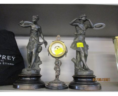 A pair of spelter figures; Improvisateur par Ferrand and Prisonniere par Ferrand together with a small aneroid barometer hous