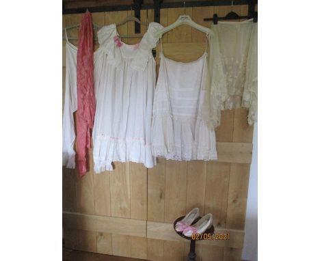Vintage theatrical clothing and others to include a white cotton Little Bo peep costume, satin shoes and a cream lace skirt w