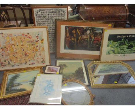 A mixed lot of pictures and gilt framed wall mirrors to include a Salvador Dali print, cricketing and sports prints, a gilt f