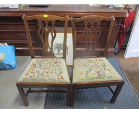 A pair of Georgian light wood country house chairs with tapestry lift-out seats 