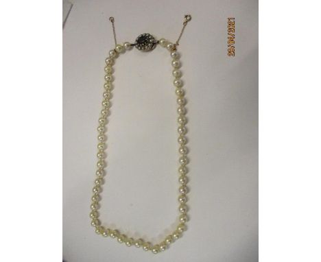 A 55 pearl string necklace with a 9ct gold safety chain and a 9ct gold pendant clasp of a central garnet surrounded by 12 see