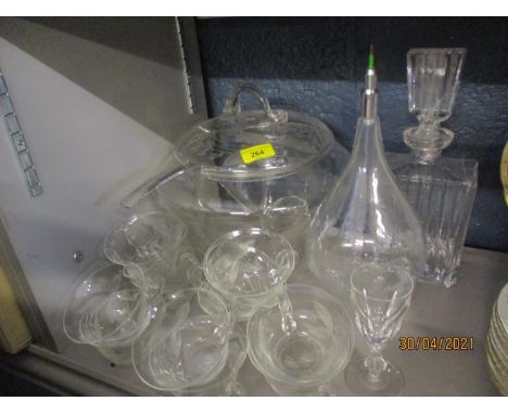 A glass punch bowl A/F with lid, ladle and twelve cups and other glasswareLocation: 3:5 