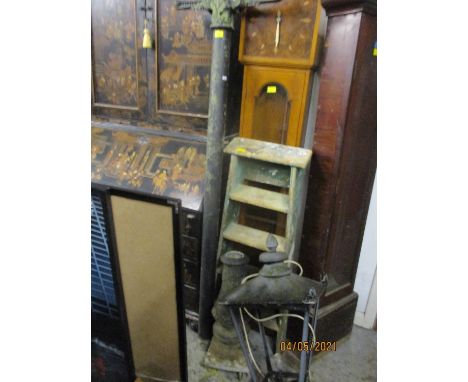 A cast alloy electric lamp-post, A/F in sections, together with a vintage green painted five step ladderLocation: G 