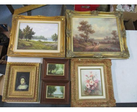 Six oil paintings to include an oil on panel portrait signed D. Marko 