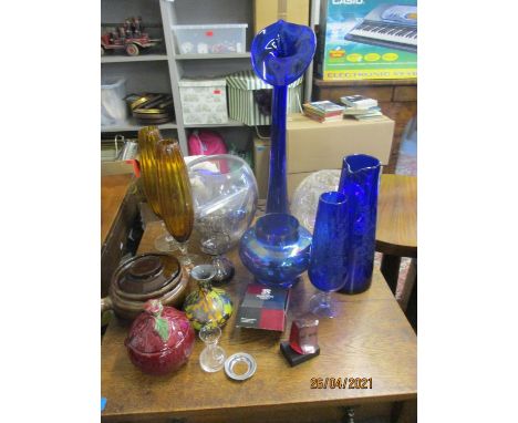 Mixed Art glass, light shades, and a small quantity of pottery to include a Mats Jonason paperweight/sculpture in the form of