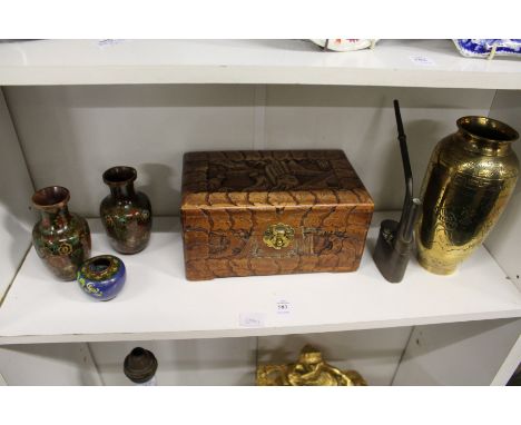 A pair of small Chinese enamel vases, a polished brass vase and other oriental wares.