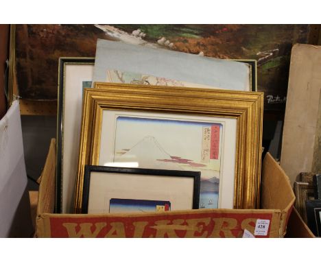 A small Japanese woodblock print and various other reproduction Japanese prints.