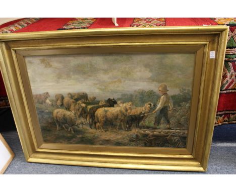 Sheep and Shepherd Boy large chromolithographic print in a moulded giltwood frame.