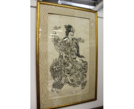 Eastern school, a female figure on a lion print.