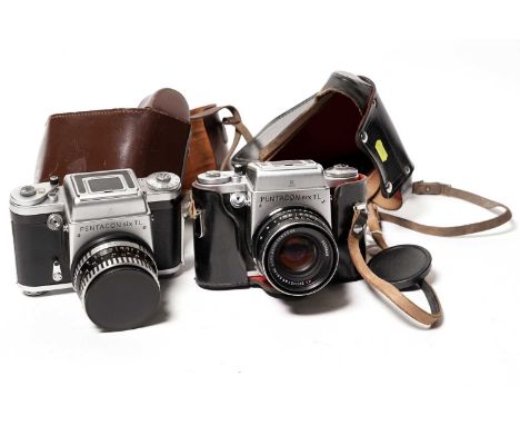 Two Pentacon Six TL medium-format SLR cameras, fitted Zeiss 18mm f2.8 lenses, in leather cases.