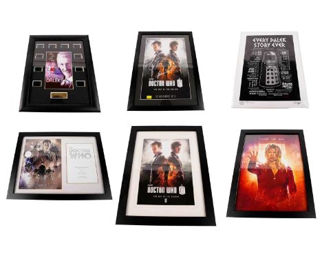 A collection of four framed Dr Who posters; together with an unframed poster and a selection of framed and mounted Dr Who fil