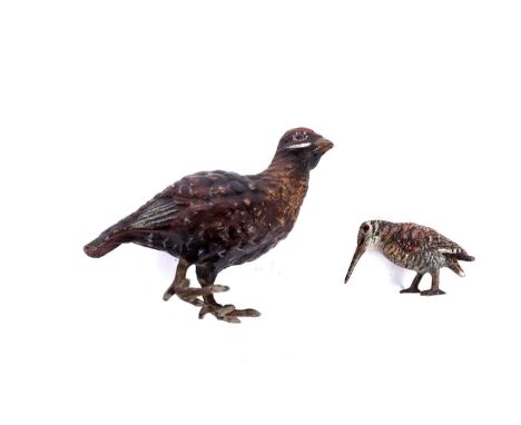 Two cold painted bronze gamebirds, Austrian early 20th Century, grouse 29mm high; and woodcock 15mm high.