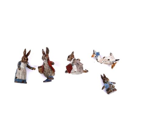 Five cold painted bronze miniature Beatrix Potter character figures, comprising: Peter Rabbit, Jemima Puddleduck, Mrs Rabbit,