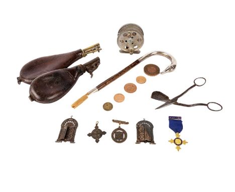 A selection of collectables, medals and silver, to include: a hallmarked silver walking stick handle in the form of a swan, w