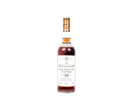 A bottle of the Macallan Single Highland Malt Scotch Whisky, 10 years old and matured in Sherry wood, distilled and bottled b