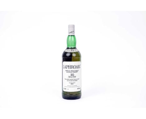 A bottle of Laphroaig Single Islay Malt Scotch Whisky, 10 years old, and bottled in Scotland by D. Johnston &amp; Co, 1 litre