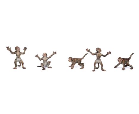 Five 1st half 20th Century cold painted bronze monkeys, probably Austrian, two standing, one seated and two on all fours, san