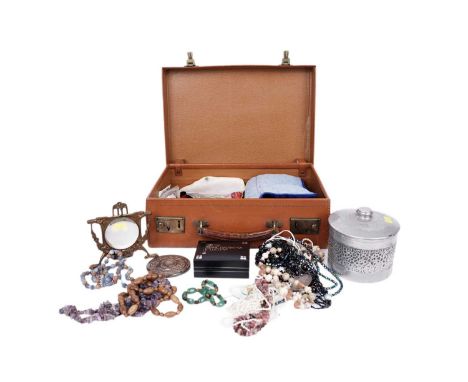 A selection of costume jewellery, coins, and other collectibles, including: a contemporary silver compact mirror, its back de