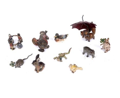 Miniature cold painted figures and animals, mostly bronze, including a rabbit, duck, mouse, elephant, an anthropomorphic hare