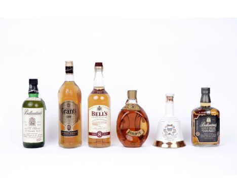 Six bottles of blended whisky, comprising of: Ballantines’s Very Old Scotch Whisky, 17 years old, blended and bottled in Dumb