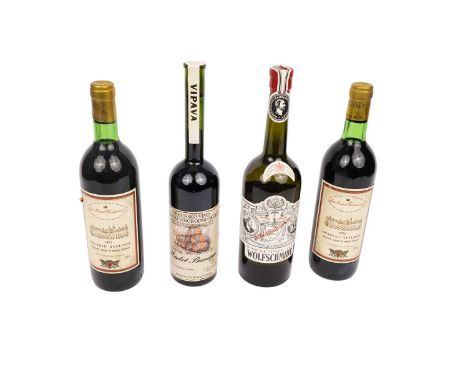 A bottle of Kumnal Wolfschmidt, 26 fl oz, 68 proof; together with, Vrhunsko Vino Vipavski Vinorodni Okolis Letnik 1990 Vintag