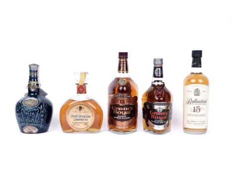 Five bottles of blended Scotch whisky, comprising of: a Ballantine’s Very Old Scotch Whisky, 15 years old, with printed signa