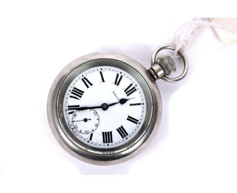 A railway interest LNER nickel cased pocket watch, by Record, white enamel dial with Roman numerals and subsidiary seconds di