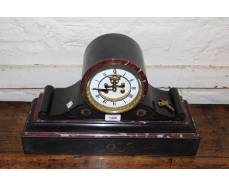 19th Century black slate and red flecked marble mantel clock having circular dial with visible balance wheel and chapter ring