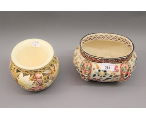 Small Zsolnay Pecs jardiniere of reticulated floral design, printed and impressed marks, 5ins high together with a similar ov