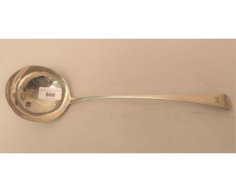George III London silver Old English pattern soup ladle engraved with family crest 