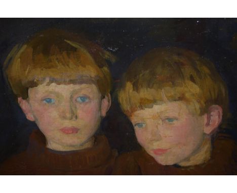 Modern British school, oil on canvas laid on board, portrait of two boys, 8.5ins x 12.5ins 