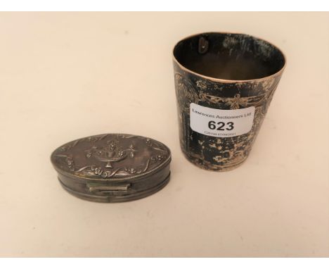 Continental white metal beaker inscribed ' Puiforcat ' and a Continental white metal oval snuff box 