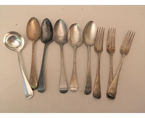 Four various Georgian silver Old English pattern tablespoons (at fault), set of three late Victorian silver Old English patte