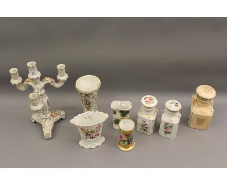 Three various Paris porcelain perfume bottles with stoppers, four French porcelain vases and a continental porcelain four lig