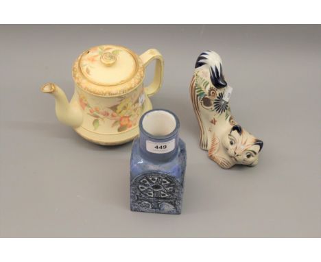 Troika square blue stoneware vase with incised decoration, together with an Art pottery figure of a cat and a Carltonware tea