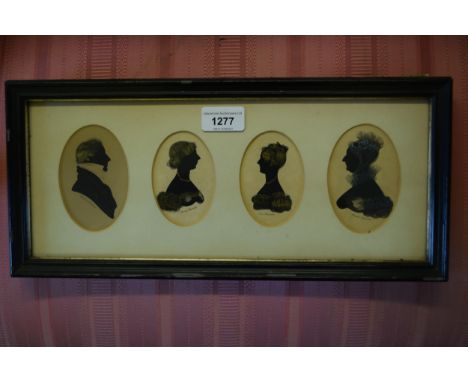 Group of four 19th Century oval mounted family group portrait miniatures housed in a single frame, together with two housed i