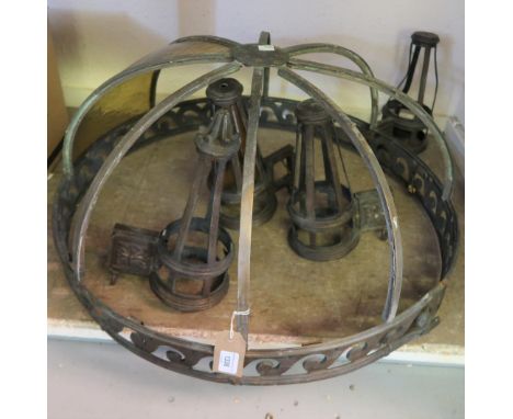 Large antique bronze hanging ceiling light (for restoration), 37ins diameter x 13ins high 