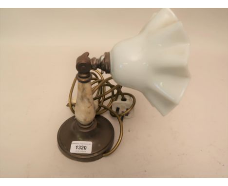 Early 20th Century brass and alabaster adjustable table lamp with white opaque glass shade 