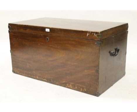 19th Century mahogany and brass bound trunk with a hinged lid and side handlesNo woodworm, but does need a clean and polish, 